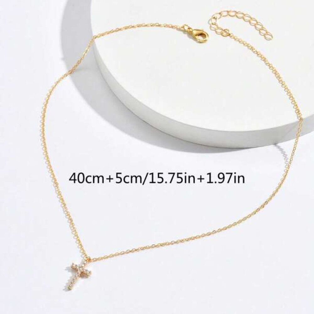 18k Gold over Sterling Silver Cross Pendant Necklace with Sparkling Stones - Picture 3 of 3